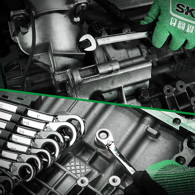 SK Reversible Ratcheting Combination Wrench Set, 13-Piece, SAE 1/4" to 1" | Ratchet Wrenches Set 72-Tooth, Chamfered Head Design, Premium CR-V Steel, with Rack Organizer