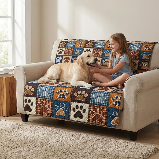 Patchwork Quilt Set Queen Size, Blue Brown Dog Paw Bedspread, Soft Lightweight Microfiber Bedding Set, Farmhouse Rustic Coverlet, All Season 3 Piece (Dog Paw, Queen)