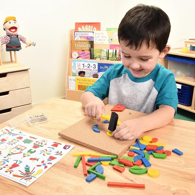 Hammer & Nail Design Kit – Montessori STEM Engineering & Geometry Building Set with 60 Wooden Tiles, Tacks, Hammer & Reusable Cork Board
