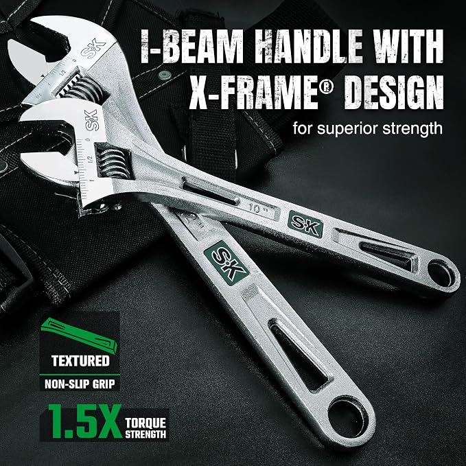 SK 10-Inch Adjustable Wrench, 1-7/16" Jaw Capacity, SAE&Metric Scales | X-Frame Handle, Precision Jaw, Heat Treated CR-V Steel, Chrome-Plated Rust Resistant Finish