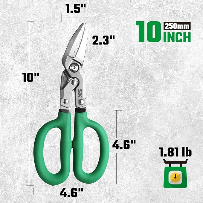 SK 10" Bent Compound Action Tin Snips, Metal Shears with Drop Forged Blades, Heavy Duty Metal Cutter Scissors, Ergonomic Handle for Comfortable Grip