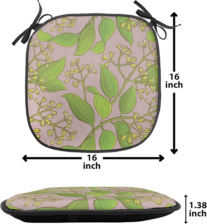 Lunarable Cinnamon Chair Seating Cushion Set of 4, Plantation Floral Pattern on a Plain Background, Anti-Slip Seat Padding for Kitchen & Patio, 16"x16", Yellow Green Olive Green