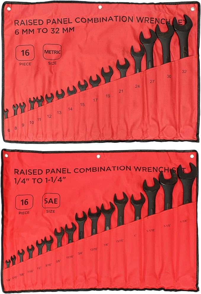 ABN Combination Wrenches Set Metric and Standard - 32 Piece SAE and Metric Wrench Set with Roll Up Pouch