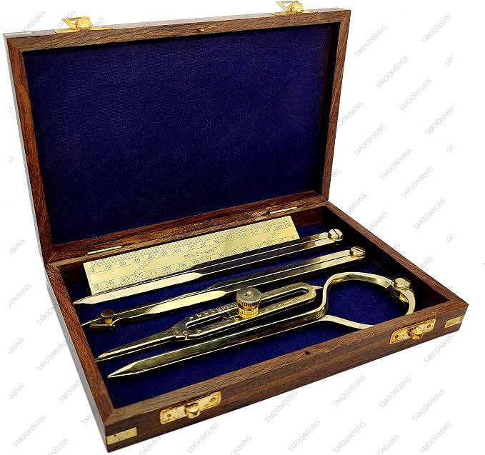 Proportional Divider Set of 5, Full Brass dividers with Executive Wooden Box, Single Handed 8" Brass Navigational Dividers Compass Set for Maritime, Naval, Geometry and Drafting