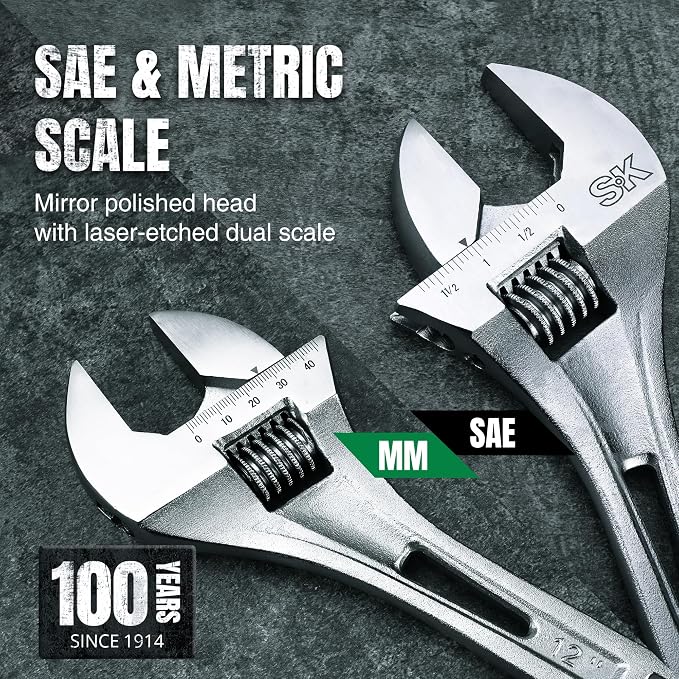 SK 2-Piece Adjustable Wrench Set, 10-Inch, 12-Inch, SAE & Metric Scales | X-Frame Handle, Precision Jaw, Heat Treated CR-V Steel, Chrome-Plated Rust Resistant Finish