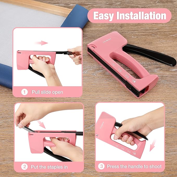 HAUSHOF Light Duty Staple Gun, Upholstery Staple Gun with 800PCS JT21 Staples and Stapler Remover, Fits JT21 Staple of 1/4'', 5/16'' & 3/8'', Used for Wood, Classroom, Crafts, DIY, Decoration (Pink)