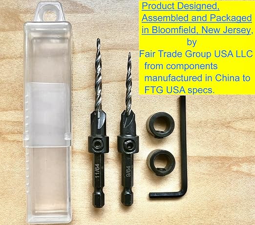 FTG USA Countersink Drill Bit Set #6 (9/64") and #8 (11/64") Wood Countersink Drill Bit, Tapered Countersink Bit, Stop Collar, Hex Wrench, Woodworking Countersink Drill Bits