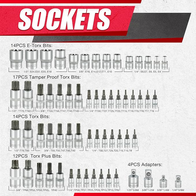 EACELIY 64PCS 1/4,3/8&1/2” Master Torx Bit Socket Set and External Torx Socket Set,E4-E24,T6-T70,TT6-TT70,TP8-TP60,Adapters,S2 and Cr-V Steel