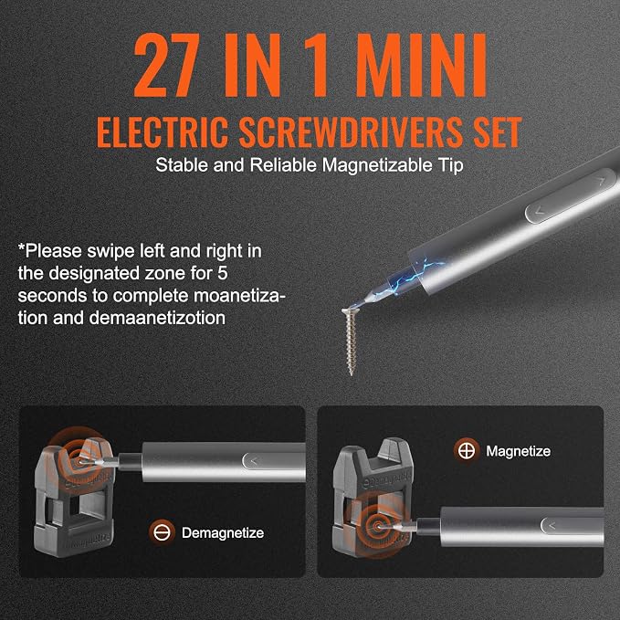 VEVOR Mini Electric Screwdriver, 27 in 1 Electric Precision Screwdriver Set – Small Cordless Power Screwdriver with 360°LED Light & 24 Magnetic Bits,Repair Tool for Phone Laptop Camera Watch Computer