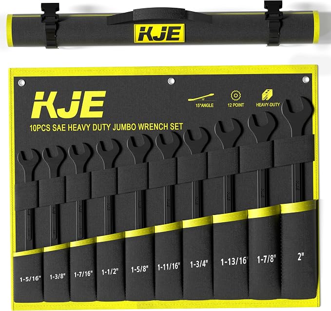KJE 10-Piece SAE Black-Oxide Jumbo Combination Wrench Set, Open-End large Wrench, big Wrench Set, SAE Sizes 1-5/16" - 2" for Large Vehicles