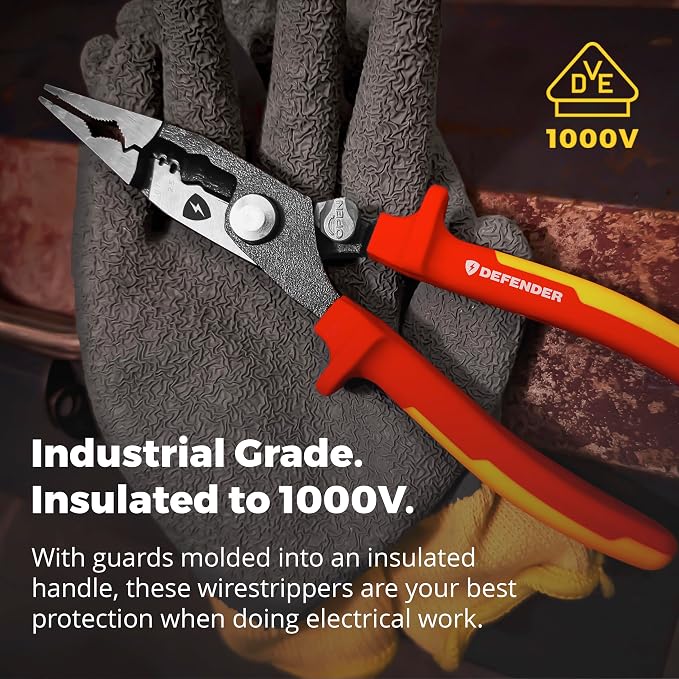 MEGAPRO® DEFENDER Wirestrippers | 1000V VDE Certified | 8.5" Long | Insulated | Electricians Tools (Wire Strippers)