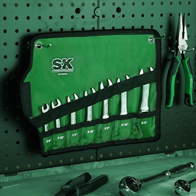 SK Stubby Wrenches Set, Ratchet Wrenches Set, 7-Piece, SAE 3/8" to 3/4" | Stubby Ratchet Wrench Set 72-Tooth, Ratcheting Combination Wrench Set, CR-V Steel, Roll-Up Pouch