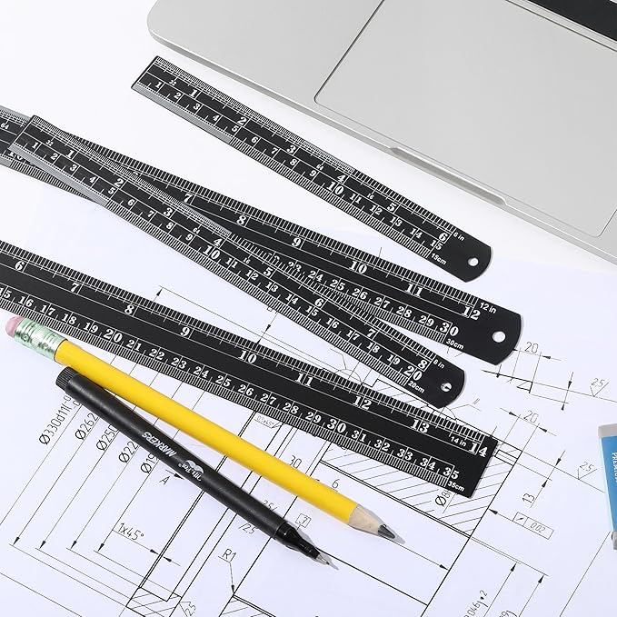 Mr. Pen- Metal Straight Edge Ruler, 4 pcs, 6", 8", 12", 14", Black, Stainless Steel Ruler Set, Imperial & Metric Measurements for Drawing, Home, Office, Engineering