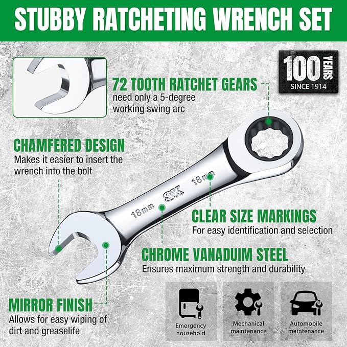 SK Stubby Ratcheting Wrench Set, Combination Wrench Set, 7-Piece, Metric, 72-Tooth, CR-V Steel, with Rolling Pouch