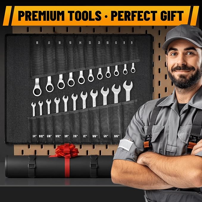 KOOPOOL Ratchet Wrenches Set, 22-Piece Combination Wrench Set, Metric & SAE, Anti-Slip Grip, CR-V Steel, 1/4" to 3/4" & 6mm to 18mm, Portable Oxford Pouch Organizer