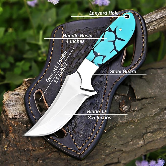 Custom Handmade 7'' fixed blade hoof rasp knife Cow boy knife Turquoise Handle Damascus steel Bull cutter, cowboy knives with pancake leather sheath (BLUE RESIN)