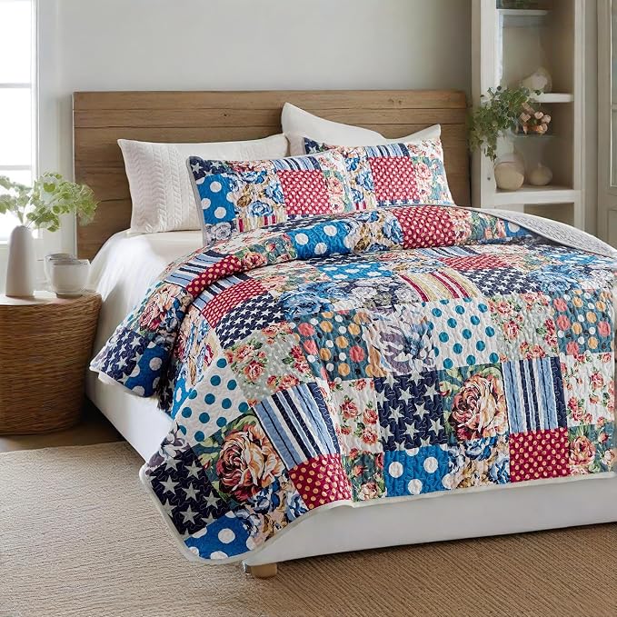 Quilts for Queen Bedding Set Bedspreads - Soft Lightweight Breathable Bedspread Comforter - Boho Cottagecore American Flag Patchwork Coverlet for All Season - 3 Pieces (New-Patchwork Flower, King)