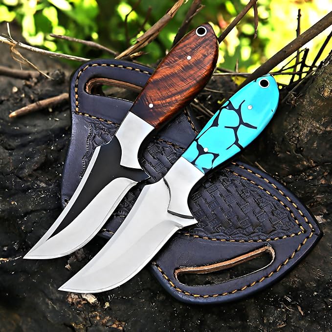 Custom Handmade 7'' fixed blade hoof rasp knife Cow boy knife Turquoise Handle Damascus steel Bull cutter, cowboy knives with pancake leather sheath (BLUE RESIN)