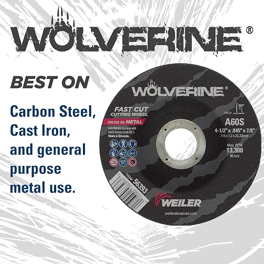 Weiler 56393 4-1/2 Inch Cutting Wheel, Wolverine AO Steel/Metal Fast Cutting, .045" A60S Type 27 7/8" Arbor, Pack of 25