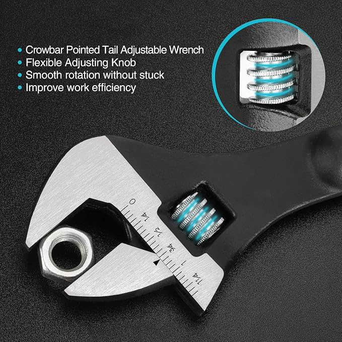 DURATECH 10-Inch Adjustable Construction Spud Wrench | Black Oxide Finish, CR-V Steel, SAE and Metric Scale Marked, Alignment Holes and Tail Crowbar Features