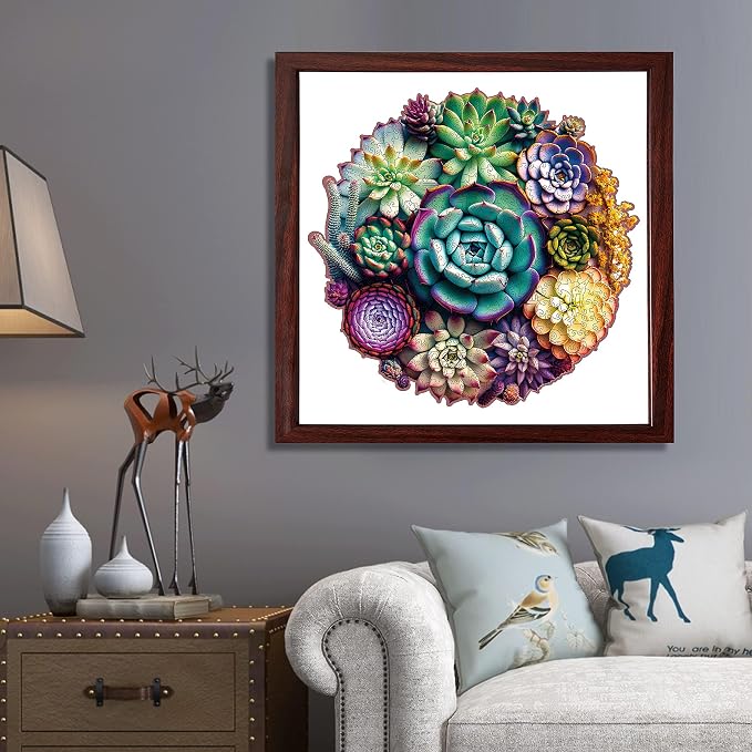 Delobi Mandala Succulent Wooden Puzzles, 200 Pieces Jigsaw Puzzles 11.3'' x10.9'', Unique Design Wooden Puzzles for Adults and Kids, Family Game Gift Medium Size