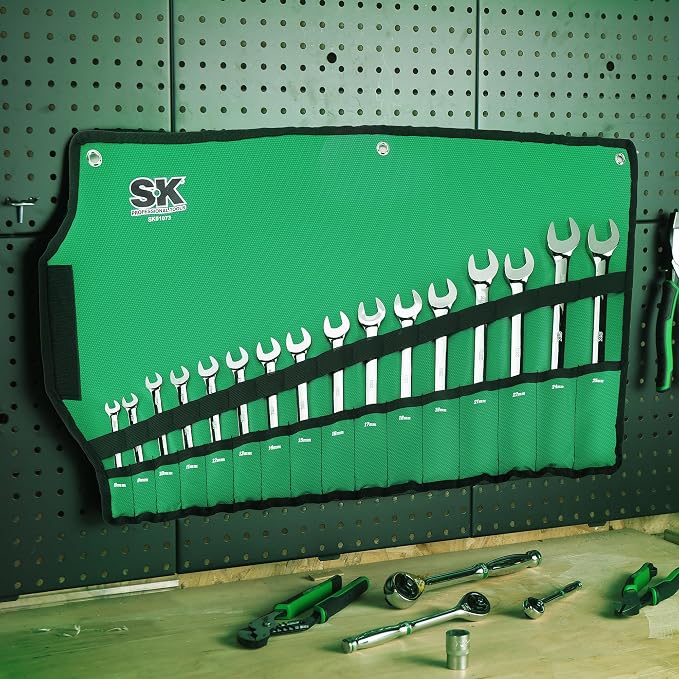 SK Reversible Ratcheting Wrench Set, Combination Wrenches, Metric 16-Piece | Ratchet Wrenches Set 72-Tooth, Chamfered Head Design, Premium CR-V Steel, Roll-Up Pouch