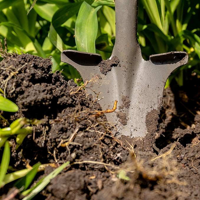Root Slayer 23311 Perennial Garden Shovel with Serrated Blade for Digging and Root Cutting, Fiberglass Shaft, Heavy Duty Steel Spade, Red