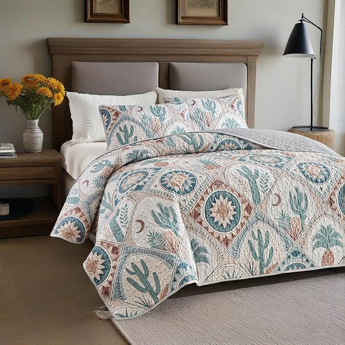 Quilts for King Bedding Set Green Bedspreads - Soft Lightweight Breathable Bedspread Comforter - Boho Cottagecore Cactus Coverlet for All Season - 3 Pieces (New-Boho Cactus, King)
