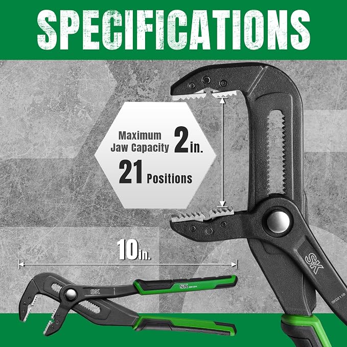 SK 10'' Water Pump Pliers, Self-adjusting Jaw Groove Joint Pliers | CR-V Steel, Precision Serrated Teeth, 21 Positions UP to 2" Jaw Capacity, with Comfortable Grips