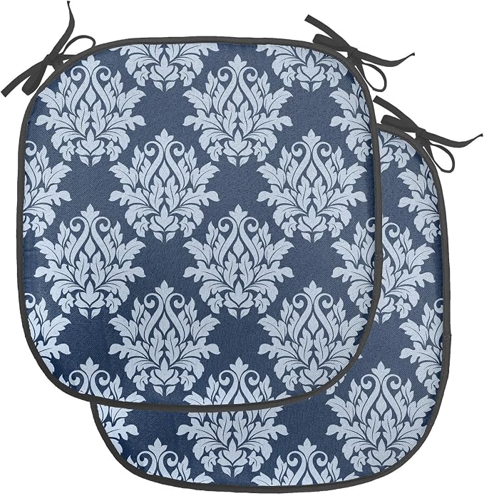 Lunarable Damask Blue Chair Seating Cushion Set of 2, Abstract Antique Royal Motif with Leaves and Swirls, Anti-Slip Seat Padding for Kitchen & Patio, 16"x16", Ceil Blue Violet Blue
