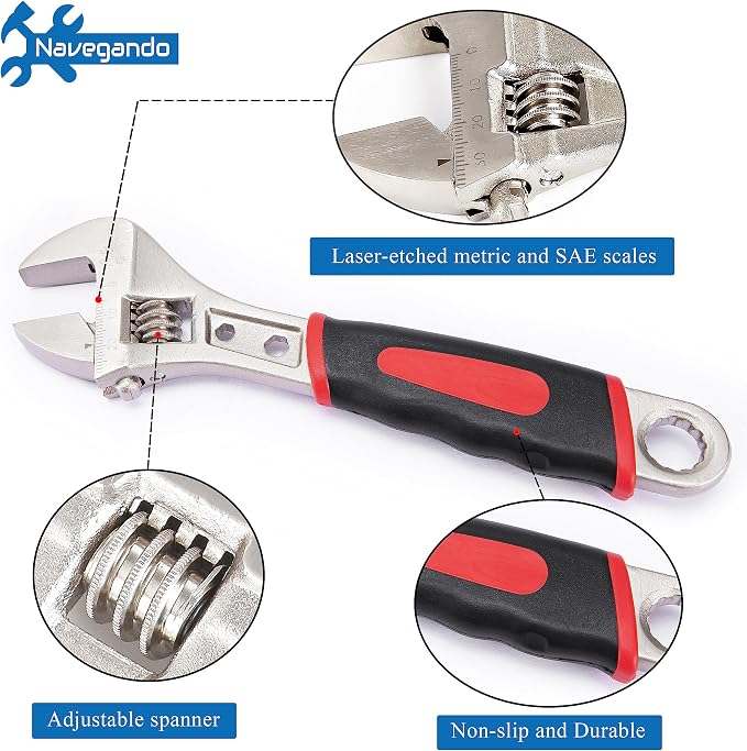 Navegando 3-Piece Adjustable Wrench Set, 6 8 10 Inch, High Carbon Steel | Adjustable Wrenches with Non-Slip Grip, Rust Resistant, Ideal for Plumbing, Automotive & Home DIY Repair