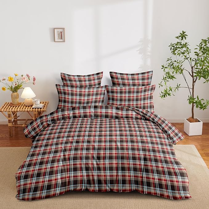 Sedefen Gingham Duvet Cover Queen Vintage Brown Plaid Bedding Set Kids Boys Girls Retro Grid Checked Soft Breathable Duvet Cover Set 3 Pieces