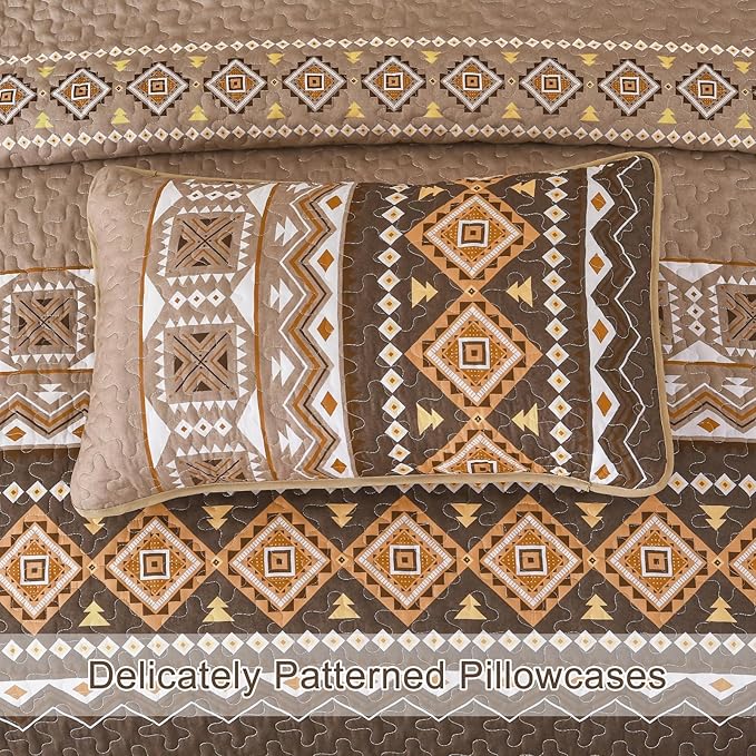 WONGS BEDDING Boho Quilt Set Queen Size,3 Pieces Brown Geometry Printed Bedspread Coverlet Set,Lightweight Microfiber Bedding Set with 2 Pillowcases,96"×90"