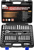 EPAuto 69 Pieces 1/4-Inch & 3/8-Inch Drive Socket Set, Pear Head Ratchet | Chrome (92-824)