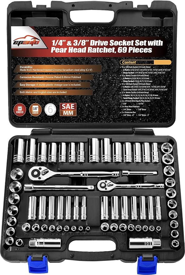 EPAuto 69 Pieces 1/4-Inch & 3/8-Inch Drive Socket Set, Pear Head Ratchet | Chrome (92-824)