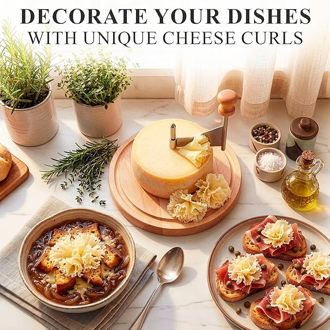 Flower Cheese Cutter for Making Rose-Shaped Cuts - Manual Rotating Cheese Shaver Tool with Stainless Steel Blade, Non-Slip Wood Base, Fasteners, Compatible with 16-18 cm Tête De Moine Cheese Wheel