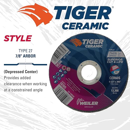 Weiler 58305 4-1/2 Inch Cutting Wheel, Tiger Ceramic Stainless Steel Superior Life & Cut Contaminant Free Max Performance Cutting, .045" CER60S Type 27 7/8" Arbor, Pack of 25