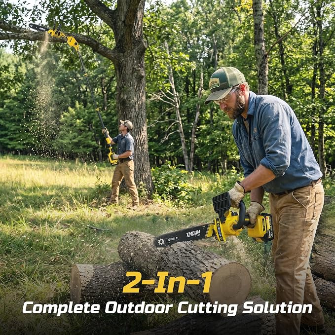 IMOUMLIVE 10-Inch Cordless Pole Saw & Mini Chainsaw 2-in-1, 1000W Brushless Electric Pole Saws for Tree Trimming, 21V 3.0Ah Battery Powered Chain Saw with Extension Pole, 14.6FT Reach Tree Trimmer