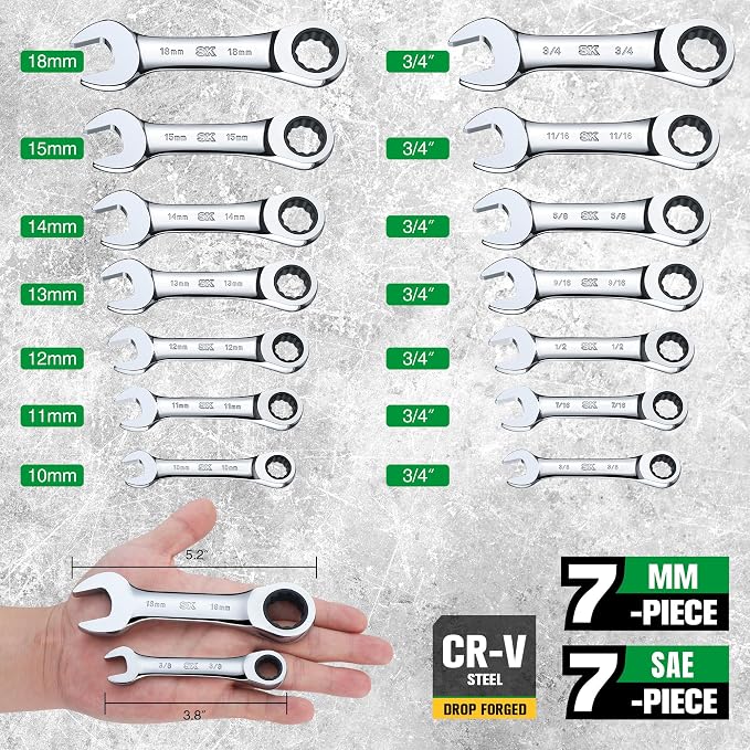 SK Stubby Wrenches Set, Ratchet Wrenches Set, 14-Piece, SAE & Metric