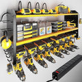 KAFAHOM Power Tool Organizer with Charging Station, Built in 8 Outlet Power Strip,Large 8 Drill Holder Wall Mount, Heavy Duty Metal Power Tool Storage Rack Tool Shelf for Garage Organization Black