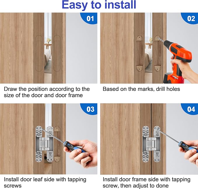 2Kits 7 inch Stainless Steel Hidden Door Hinges -Invisible Hinges for Doors, 180 Degree Swing Concealed Door Hinges, 3 Way Adjustable for Heavy Duty (‎Silver)