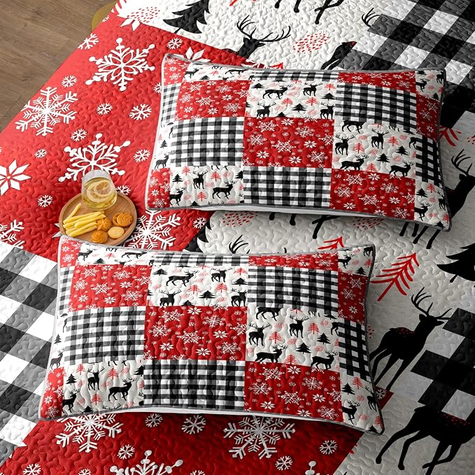 Merry Christmas Patchwork Quilt Set King - Deer Tree Red Snowflakes Checkered Printed Holiday Bedding Set - Soft Microfiber Lightweight Comforter Coverlet Bedspread(Deer Checkered, King(90"x104"))