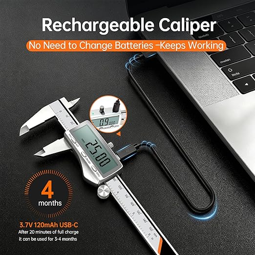 HARDELL Digital Caliper 12"/300mm, Rechargeable Stainless Steel Micrometer, Large LCD Inch/MM/Fraction, Auto-Off, Electronic Measuring Tool for Machinist Woodworking 3D Printing DIY Household