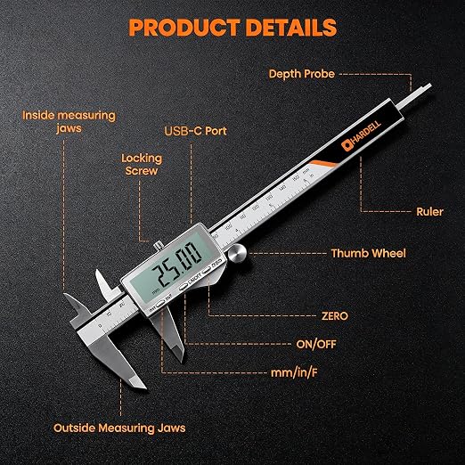 HARDELL Digital Caliper 8"/200mm, Rechargeable Stainless Steel Micrometer, Large LCD Inch/MM/Fraction, Auto-Off, Electronic Measuring Tool for Machinist Woodworking 3D Printing DIY Household
