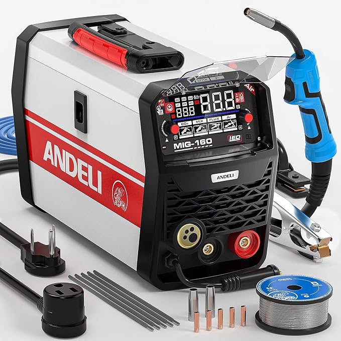 ANDELI 160A MIG Welder, GAS MIG/FLUX MIG/LIFT TIG/STICK 4-In-1 Multiprocess 110V/220V Dual Voltage Welder, LED Digital Display Synergic Control,Gas Gasless Welding Machine With welding rods