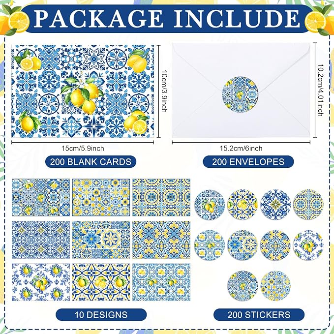 Maitys 200 Set Capri Lemon Blank Cards and Envelopes Bulk 4x6 Inch Beautiful Greeting Cards with Envelopes & Stickers 10 Amalfi Coast Lemon Notecards for Wedding Bridal Baby Showers Birthday