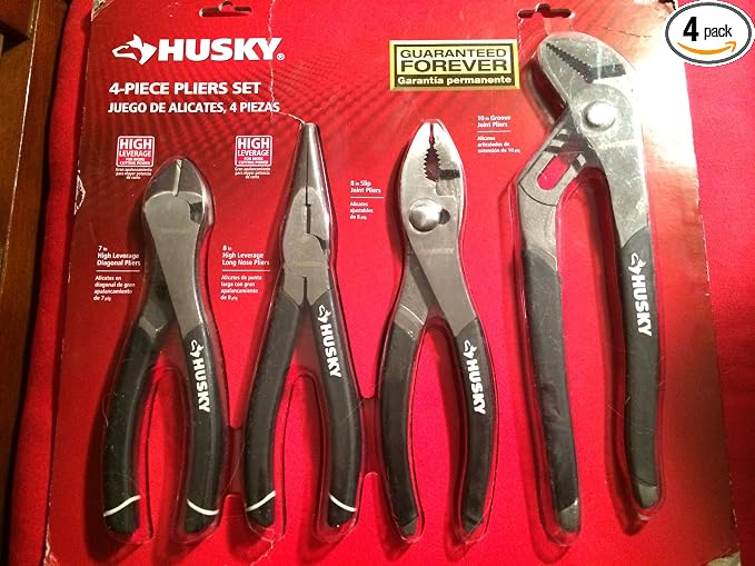 Husky 861461 4 Piece High Leverage Multi-Use Pliers Set with Diagonal, Long Nose, Slip Joint, and Groove Joint Pliers