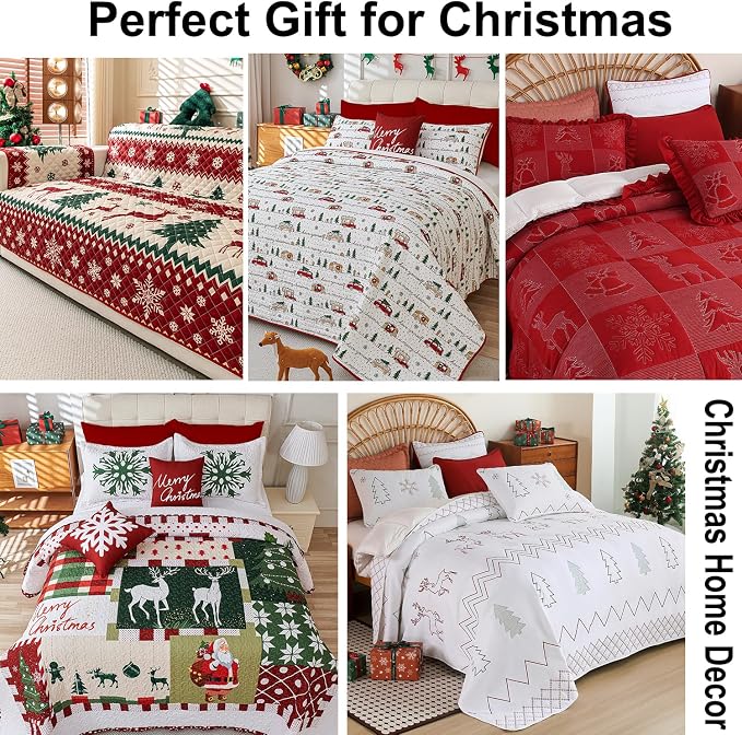 Cmfshape 5-Piece Christmas Quilt Set,Queen Size Xmas Tree Reindeer Santa Claus Pattern Christmas Bedding Set,Reversible Bedspread Coverlet,Holiday Bedding(92"x96")