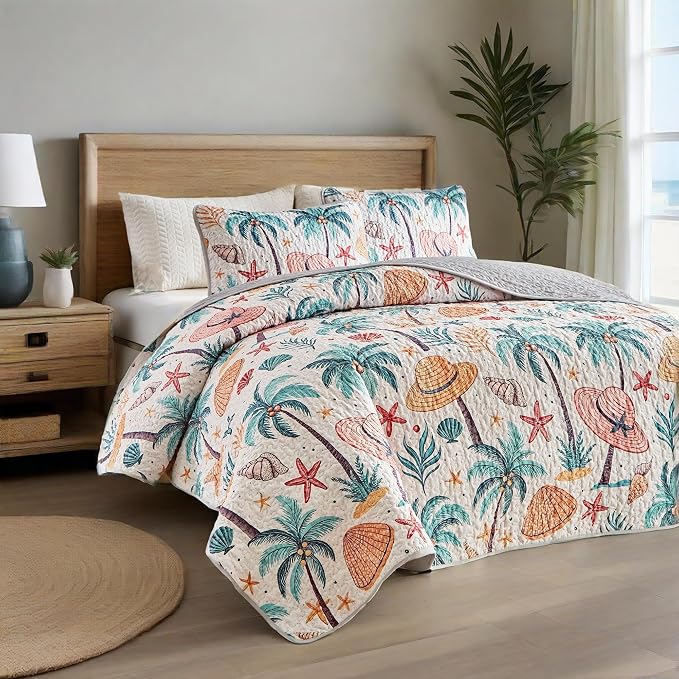 Coastal Tropical Quilt Set Queen 3 Pcs Beach Palm Tree Seashell Bedspread Comforter Soft Lightweight Microfiber Bedding Set with 2 Pillow Shams for All Season (New-Coconut Tree, Queen)