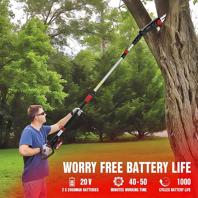 EWORK Electric Pole Saws for Tree Trimming 20V 8-Inch Cordless Pole Chainsaw, Extension to 14.8-Ft, 4-Angle Adjustable Head, Tool-Free Tensioning with 2x2.0Ah Battery & Fast Charger
